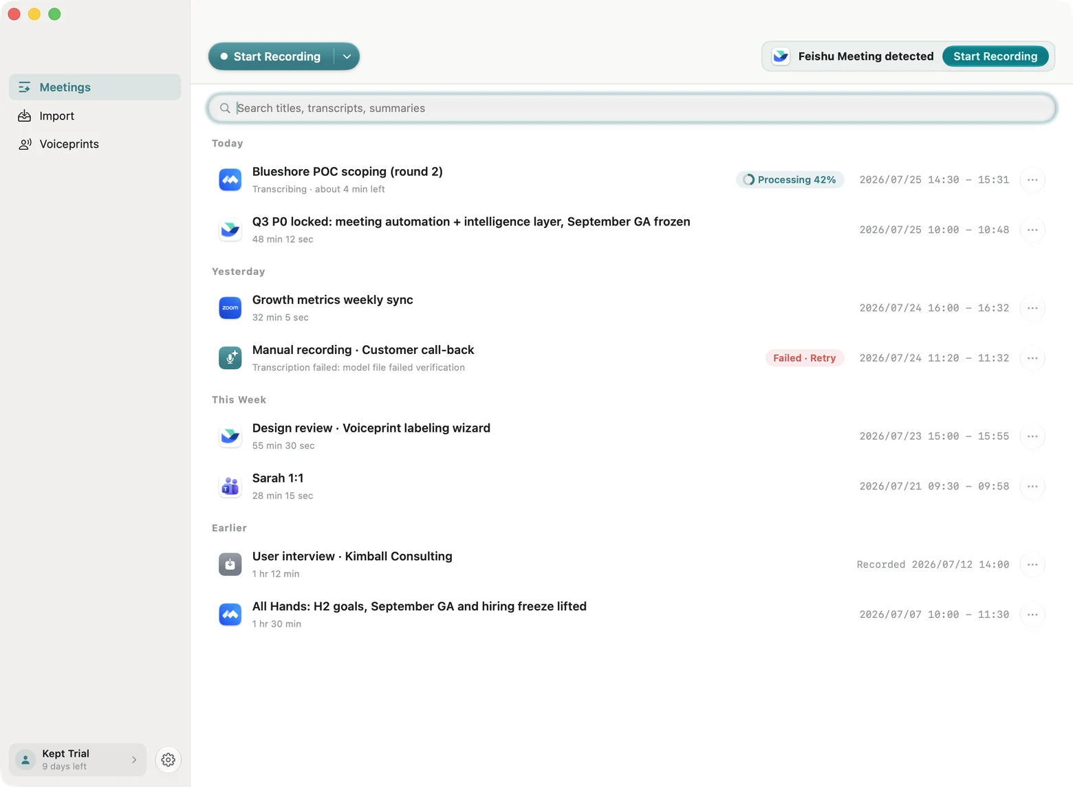 Kept meeting library with a "Feishu meeting detected · Start recording" prompt